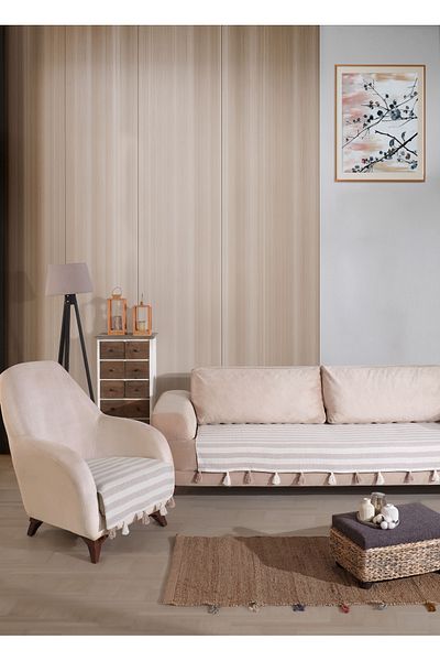 Lux Touch Liva Pompon Beige Armchair - Armchair Cover 115X90 Shawl Tasseled