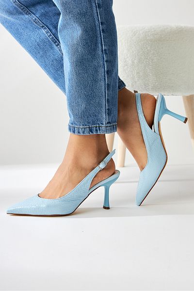 Limoya Pantofi cu toc pentru femei Moira Baby Blue din piele texturată cu vârf ascuțit