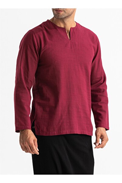 Eliş Şile Bezi Ανδρικό καλοκαιρινό μπλουζάκι με μακρύ μανίκι, υφασμάτινο, με λαιμόκοψη, σκούρο μπορντό 3068