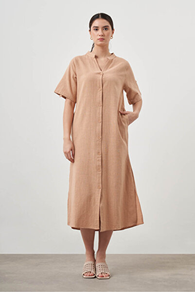 Mizalle Hakim Yaka Kısa Kol Camel Elbise