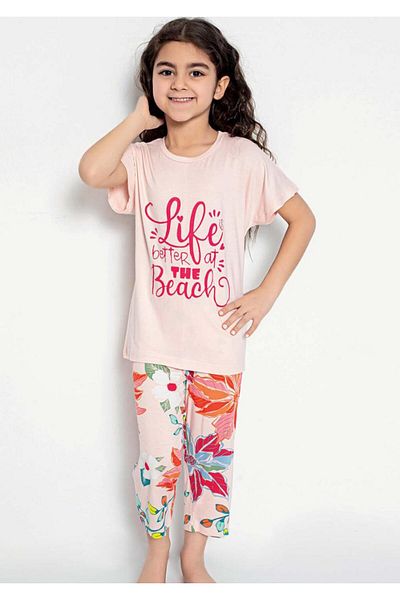 CONFEO Girl's Short Sleeve Capri Pink Pajamas Suit C4T8N0O-046