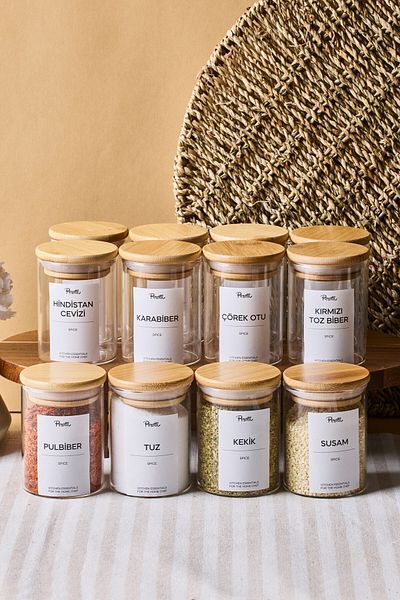 Perotti Eraldo 12 Li Bamboo Lid Borosilicate Glass Spice Rack 200 ml 8X6 cm 30 Tags Gift