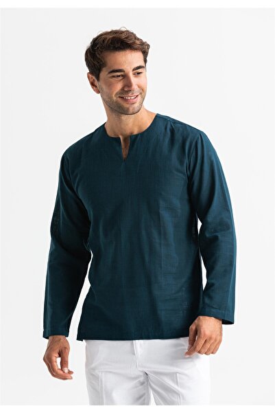 Eliş Şile Bezi Ανδρικό καλοκαιρινό μπλουζάκι με μακρύ μανίκι, υφασμάτινο, με λαιμόκοψη, σκούρο βενζίνι 3069