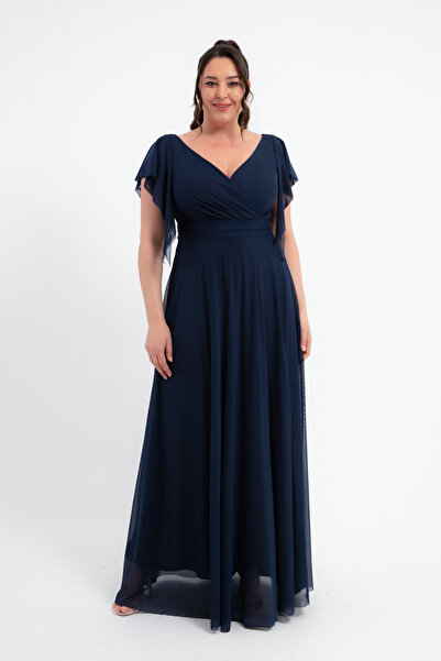 Lafaba Γυναικείο μακρύ βραδινό φόρεμα με κοντό μανίκι σε μπλε ναυτικό χρώμα με λαιμόκοψη σε σχήμα V