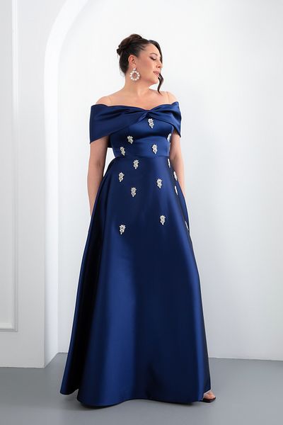 Lafaba Women's Navy Blue Strapless Stone Plus Size Long Satin Evening Dress