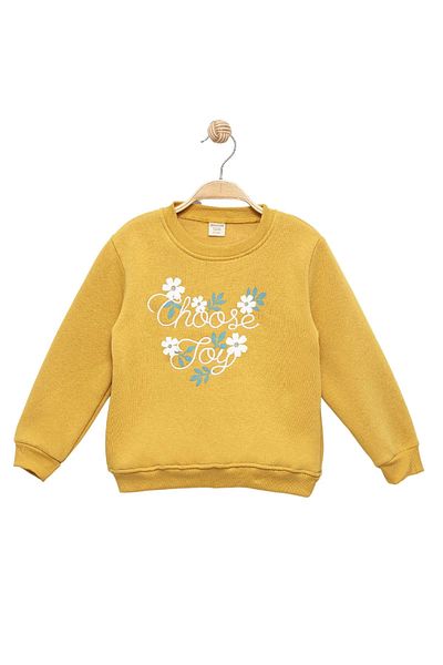 Divonette Girl's Embroidery and Printed Mustard Sweatshirt - Girl's Clothing