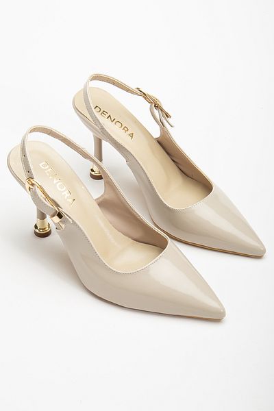 DENORA Beige Skin Cream Patent Leather Pointed Toe Open Back Metal Thin Heel Stiletto Shoes