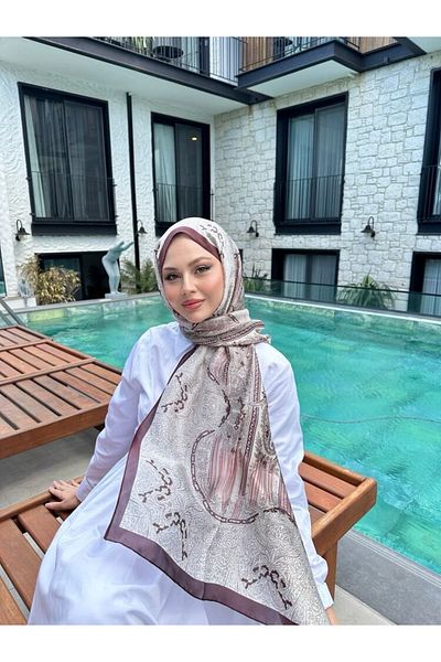 Merve Nayir Ethnic Pattern Imported Double Sided Wide Silk Voile Shawl Coffee Color