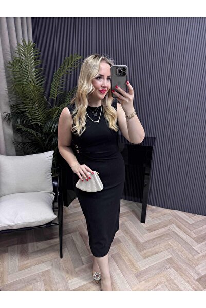 Byelifdursun Orj Marka Model Bel Detaylı Drapeli Kalem Elbise Siyah