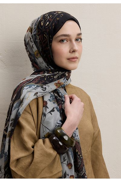 Fresh Aliza Pattern Silk Crepe Shawl Bitter Brown
