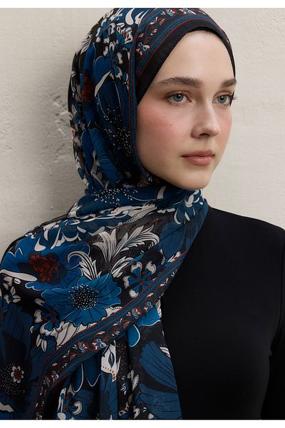 Fresh Dahlia Pattern Silk Chiffon Shawl Night Blue
