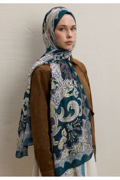 Fresh Poppies Pattern Silk Crepe Shawl Dark Green