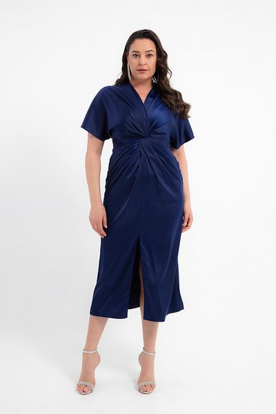 Lafaba Women's Navy Blue Knot Detail Midi Plus Size Satin Dress