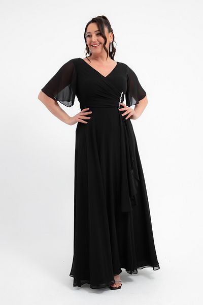 Lafaba Women's Black V Neck Stones Plus Size Long Chiffon Evening Dress