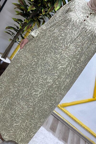 Elmas Tesettür Kadın Tesettür Giyim Büyük Beden Yaprak Desenli Tam Robalı Elbise