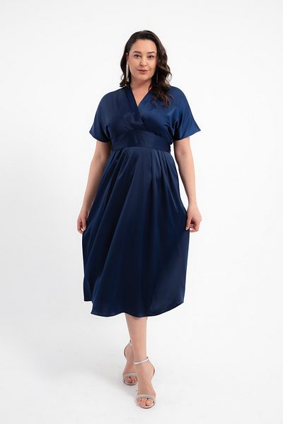 Lafaba Women's Navy Blue Double Breasted Collar Waist Belted Satin Plus Size Midi Dress
