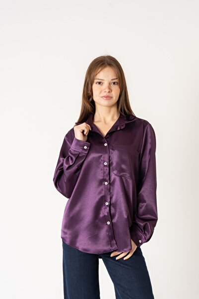 VerdeBlanco Cep Detaylı Saten Gömlek Mor
