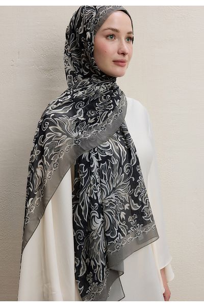 Fresh Black Laura Pattern Silk Crepe Shawl