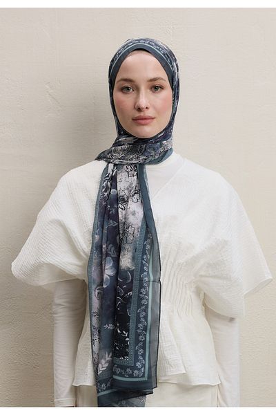 Fresh Green Mint Colored Ellen Pattern Silk Crepe Shawl