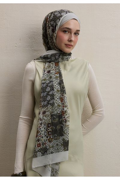 Fresh Silk Crepe Shawl, Ethnic Figure Patterned Khaki
