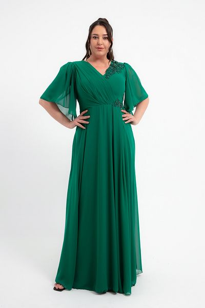 Lafaba Women's Emerald Green V-Neck Stones Large Size Long Chiffon Evening Dress