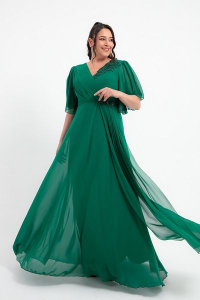Lafaba Women's Emerald Green V-Neck Stones Large Size Long Chiffon Evening Dress