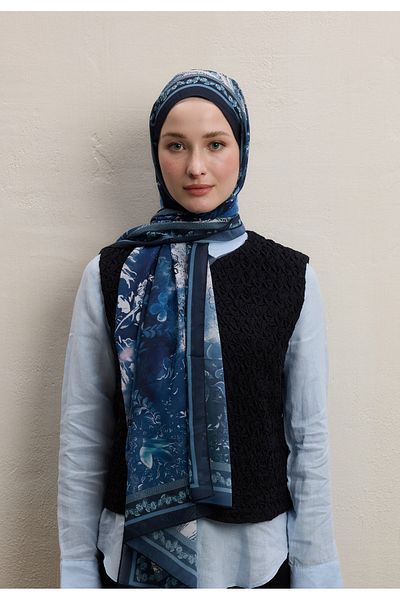 Fresh Ellen Pattern Silk Crepe Shawl Midnight Blue