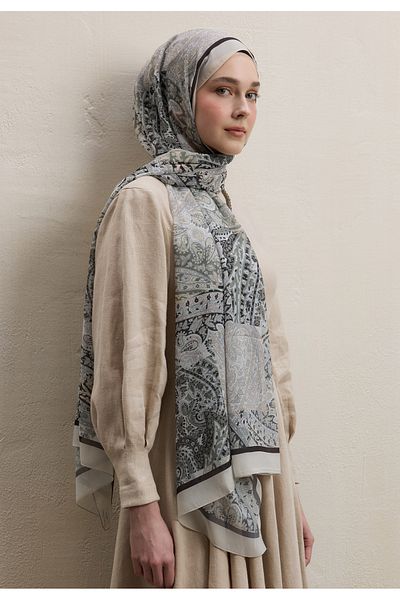Fresh Paisley Patch Pattern Silk Crepe Shawl Mink