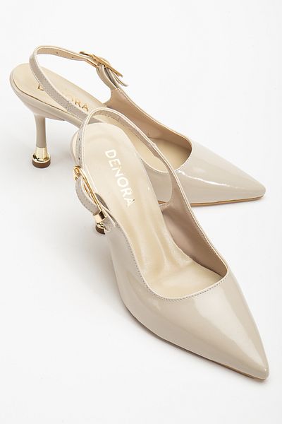 DENORA Beige Skin Cream Patent Leather Pointed Toe Open Back Metal Thin Heel Stiletto Shoes