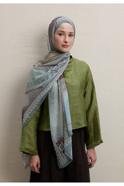 Fresh Amelia Pattern Silk Crepe Shawl Sage