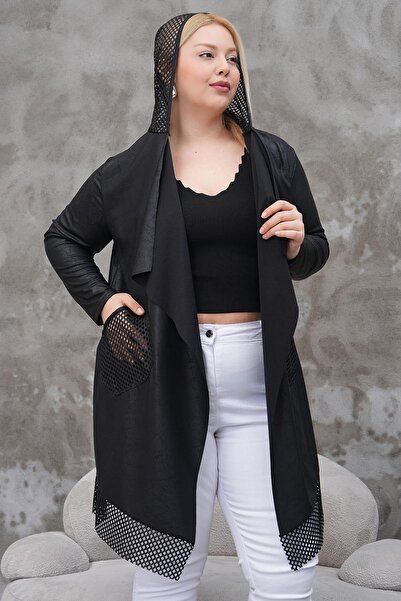 Siyezen Large Size Hooded Mesh Detailed Asymmetrical Cut Seasonal Cardigan