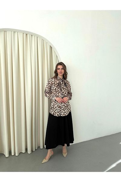Appleline Cămașă de damă din satin cu model leopard cu fundă