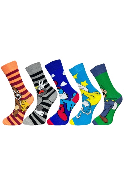 Mevo 5 Pack Mixed Cartoon Characters Colorful Unisex Flexible Cotton Socks