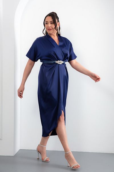 Lafaba Women's Navy Blue V-Neck Stone Belted Large Size Midi Dress
