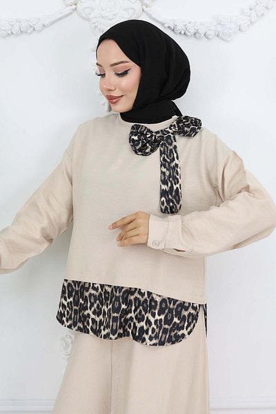benguen Leopard Patterned Suit - 4804 Color Stone with Ribbon Detail
