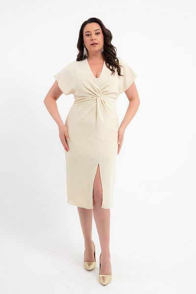 OFZE Women's Beige Front Slit Plus Size Midi Dress