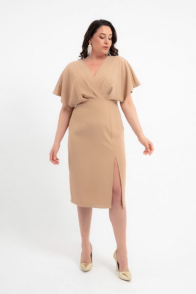 OFZE Women's Camel Double Breasted Collar Slit Large Size Dress