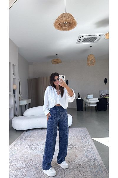 Buket Teke Blue Leopard Print Silk Satin Trousers