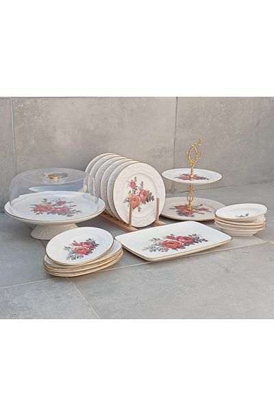 Pinkev 19 Piece Ceramic Cake Presentation Plate Set for 6 People