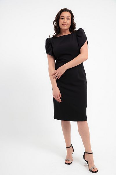 Lafaba Women's Black Balloon Sleeve Plus Size Midi Dress