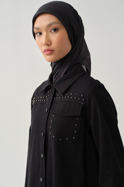 Tuğba Taş Çakmalı Yırtmaçlı Canvas Gömlek - Siyah