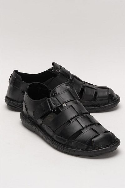 Liger Sandale cu velcro din piele naturală pentru bărbați NEGRE - NEGRE