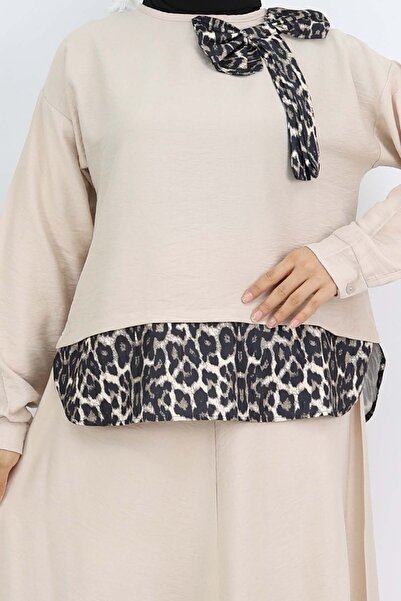 benguen Leopard Patterned Suit - 4804 Color Stone with Ribbon Detail