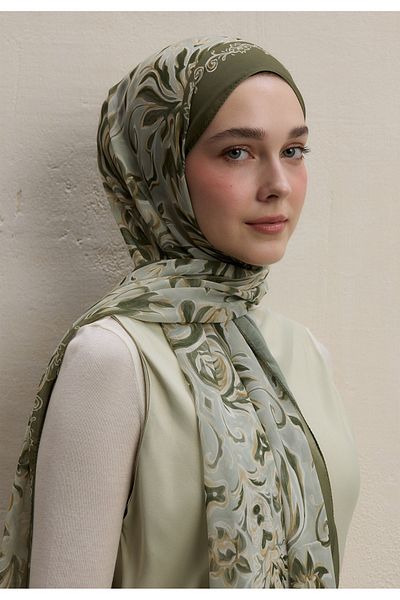 Fresh Silk Crepe Shawl, Laura Pattern and Khaki