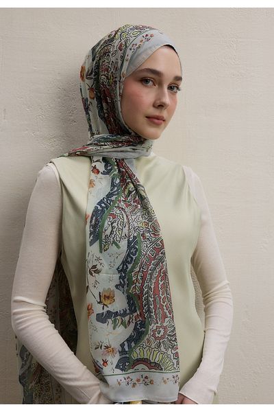 Fresh Soft Green Aliza Pattern Silk Crepe Shawl