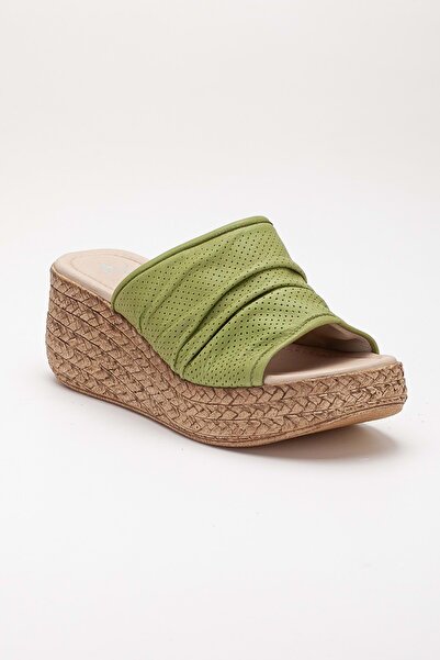 ANALİN SHOES Women's Genuine Leather Open Toe Crinkle Slippers - Pistachio Green