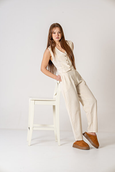 VerdeBlanco %100 Pamuk Yelek-Palazzo Takım Krem