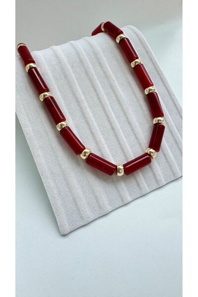 NETA TASARIM Bordo Gold Detaylı Kemik Kolye