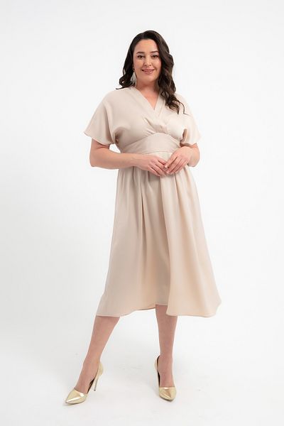 Lafaba Women's Beige Double Breasted Collar Waist Belted Satin Plus Size Midi Dress