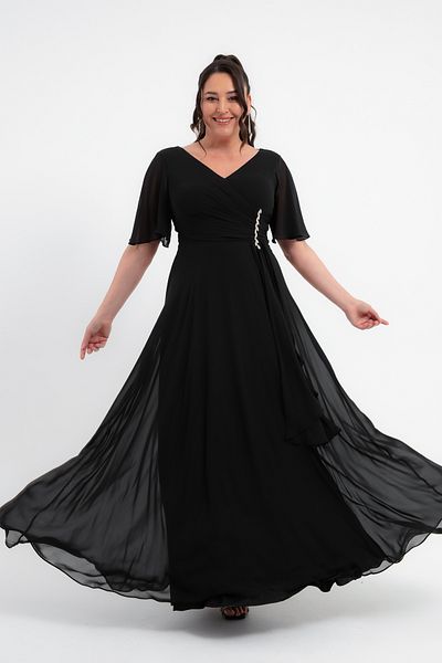 Lafaba Women's Black V Neck Stones Plus Size Long Chiffon Evening Dress